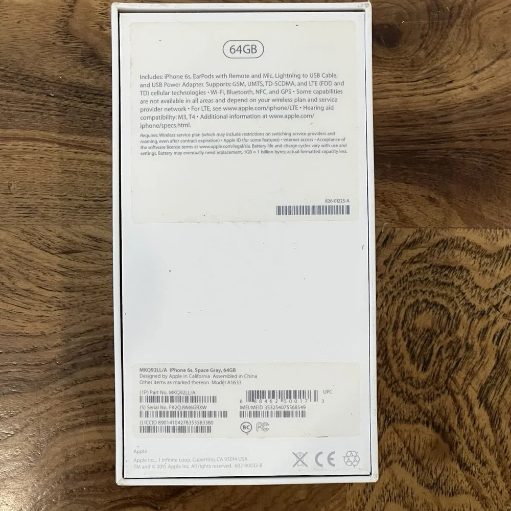 Apple iPhone 6s 128GB Space Gray Original Retail Box, Stickers, Inserts, NoPhone